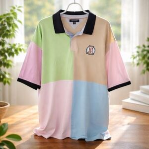 TOMMY HILFIGER Crest Logo Pastel Color Block 100% Cotton Mens Polo Shirt Sz 3xl